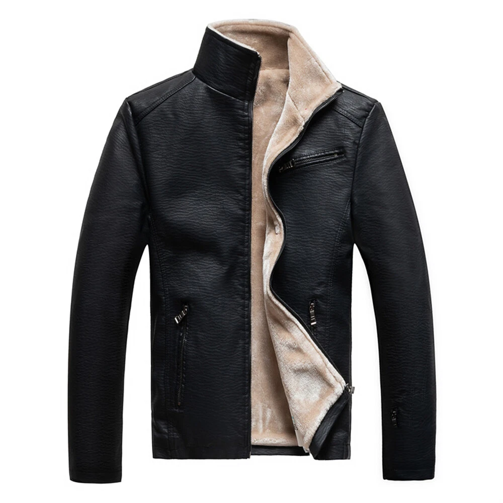Mens Pu Leather Jacket Casual Coats Winter Warm Outdoor Fleece Coat