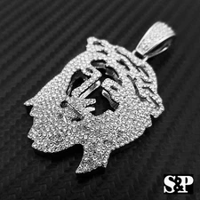 HIP HOP ICED RAPPER STYLE LAB DIAMOND SILVER PLATED 3D JESUS FACE CHARM PENDANT