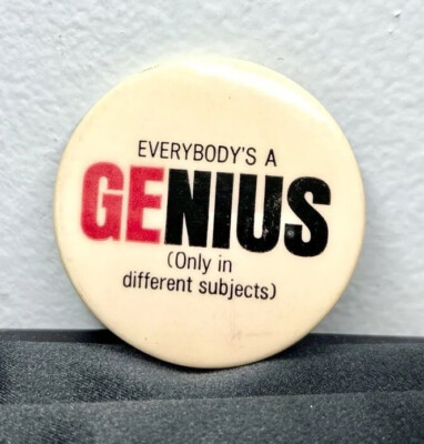 Vtg Everybody s A Genius (in Different Subjects) Red & Black 2  Pinback Button