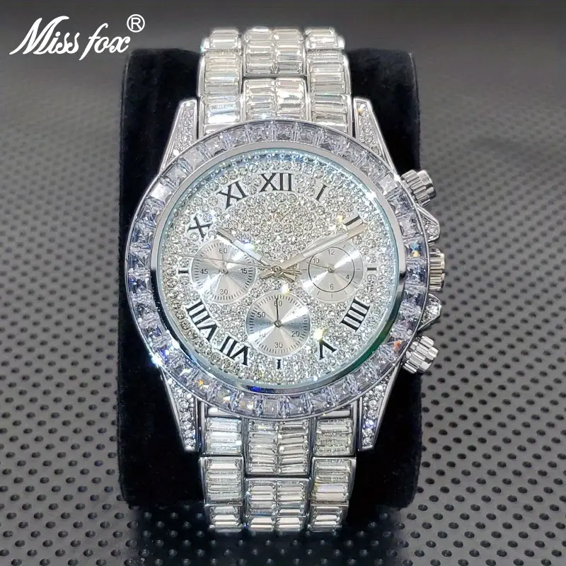 Luxury Hip Hop Bling Iced Out Diamond Men's Watch Silver Waterproof