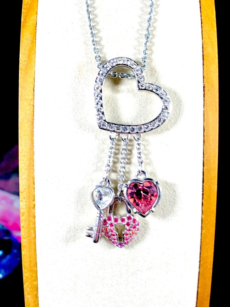 SWAROVSKI SWAN RHODIUM CHAIN NECKLACE PINK CRYSTAL HEART LOCK KEY CHARM  PENDANT