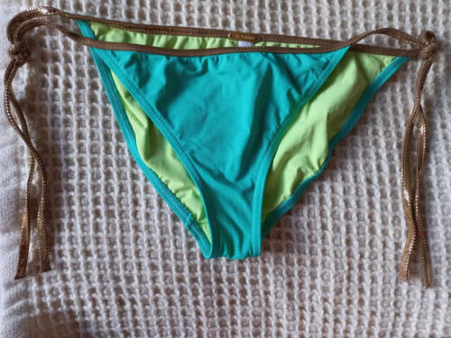 TOOSHIE green bikini bottoms only, gold lurex straps, adjustable, Size S - Afbeelding 1 van 5