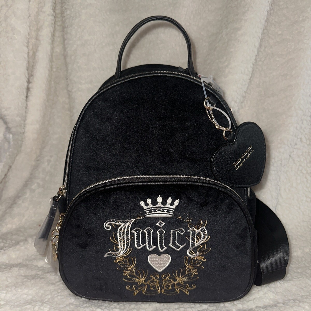 Juicy Couture - Black Liquorice Velour Heritage Backpack Bag With Heart Charm Juicy Couture Velour Heart Backpack, Black - Etsy main image 4