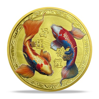 Médaille Commémorative Carpe Koï Dorée - Pièce Porte-Bonheur Pour Nouvel An Chinois