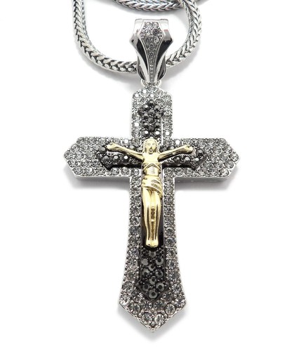 Gold Plated Cubic Zirconia Large Jesus Cross Charm Franco Cuban Chain Necklace - Picture 149 of 165