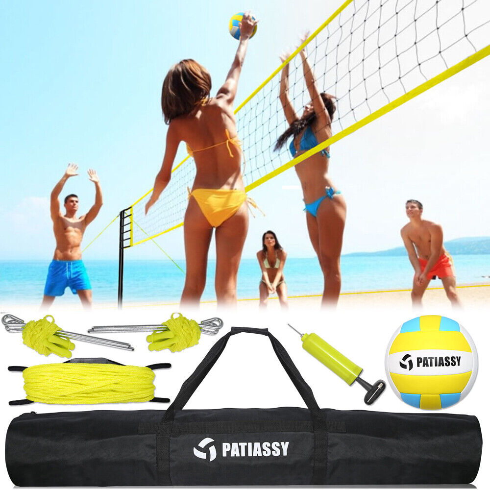 Heavy Duty Outdoor Beach Volleyball Set Net Rope System Poles w/Bag Air Pump