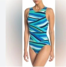 Tommy Bahama Size 10 Swimsuit Aqua blue Retro striped open back winding wave