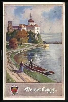 Postcard Persenbeug, shore part with Castle & Rowerer, German School Club 1911 