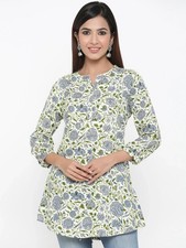Indian Women BEAUTIFUL Cotton Off White Floral Printed Kurti Top Tunic Dress