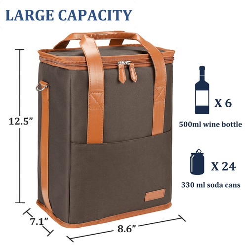 Wine Carrier Tote Bag Insulated 6 Bottle Cooler Carrying Case for Travel Picnic - Picture 2 of 6