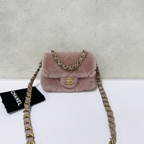 Chanel 22B Flap Pink Shearling Fur Bag Quilted Gold CC Turn Lock Shoulder Bag