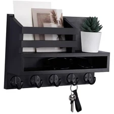 Key and Mail Holder Wall Mount, Key Hanger with Long Storage Box and 5 Black