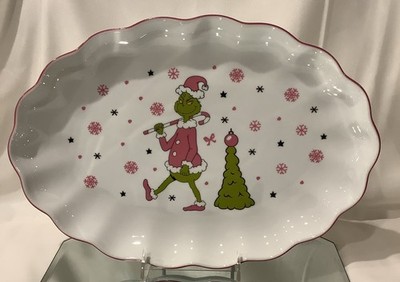 Dr Seuss How The Grinch Stole Christmas Pink Green Oval 14  Meat Serving Platter
