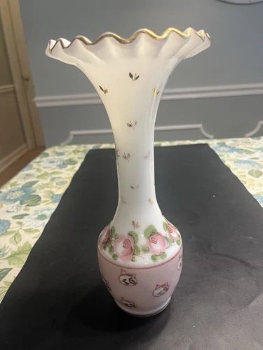 1940’s Fenton Glass Charleton Rose Hand Painted Ruffled Rim 11” Vase