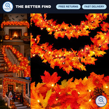 9FT Fall Garland with Lights - 50 Orange Bulbs, Connectable Indoor/Outdoor Decor