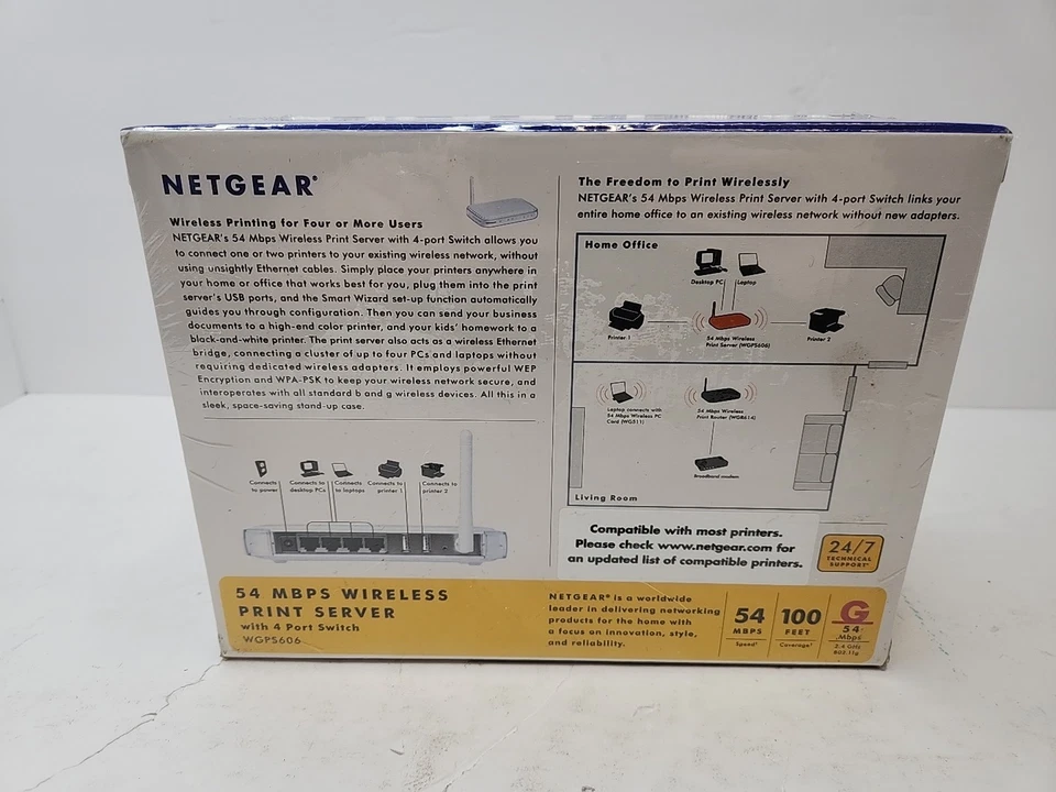 NETGEAR WGPS606 54 Mbps Wireless Print Server Bridge 4-port Switch 2 USB Printer - Image 3 of 3