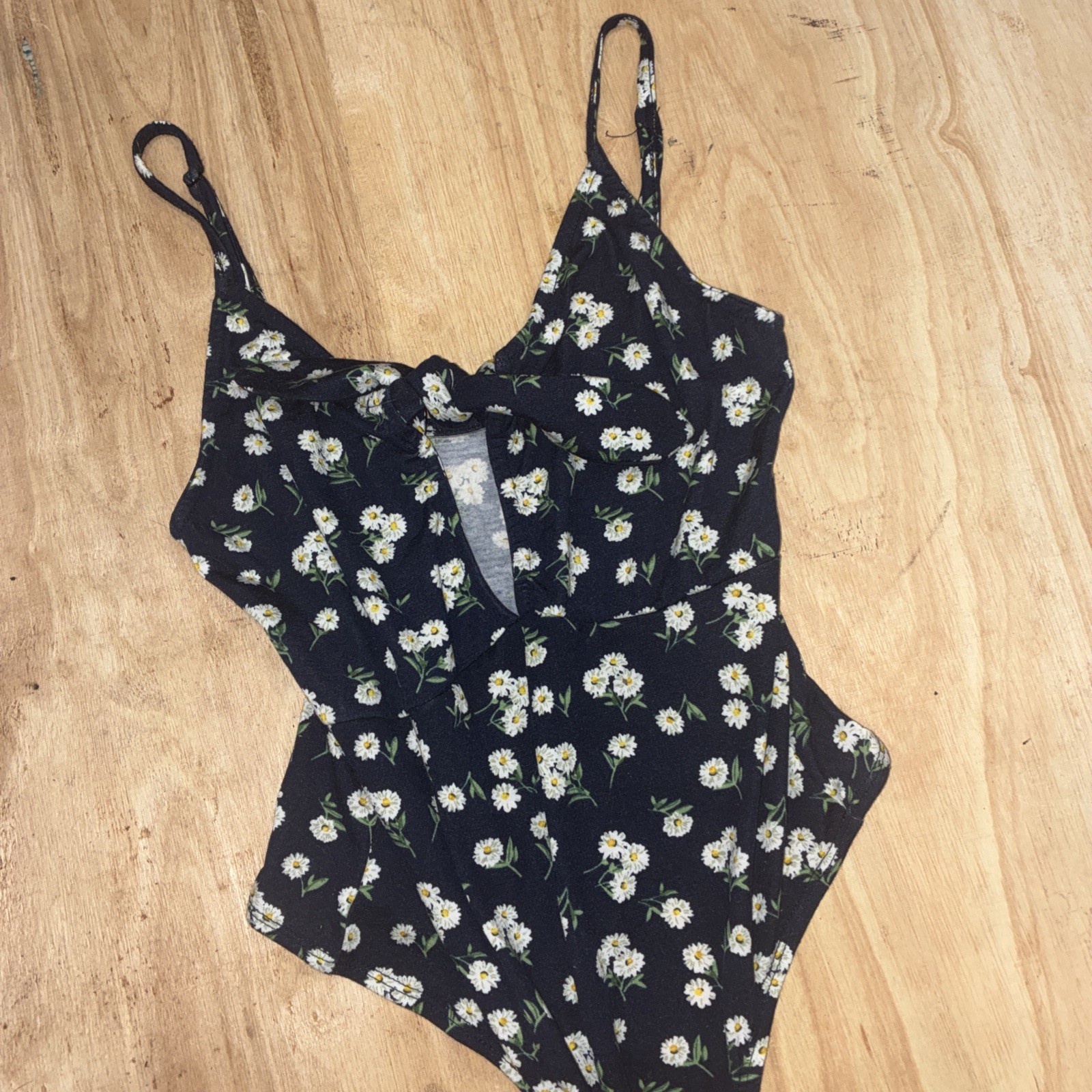 Women’s Medium Navy Blue Floral Daisy Bodysuit Tie Front Sleeveless