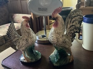 Vintage Pair Of Porcelain Roosters Unmarked 