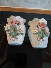 Vintage Wall Pockets x 2 Applied Flowers Decorative Planters Pretty Retro Kitsch