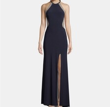 Xscape Halter Neck Navy Gown Embellished Intricate Gold Beaded Panels Size 6