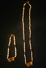 vintage freshwater seed pearl neclace bracelet set with enamel gold tone pendant
