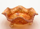 Fenton Panther Marigold Carnival Glass Footed Ruffled Bowl UV Uranium Glow 5"