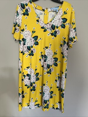 Draper James Summerall Hillsboro Knit Dress V-Neck Yellow Floral Stretchy Sz  L