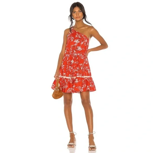 Free People All Mine One Shoulder Floral Print Mini Dress in Cherry Red Small