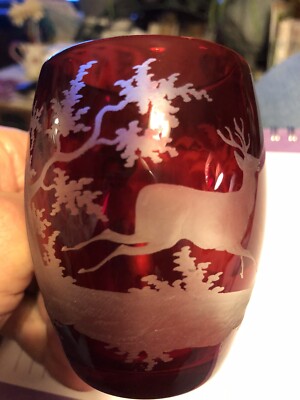 Vintage Hand blown Ruby Glass Etched To Clear. Rare Find.
