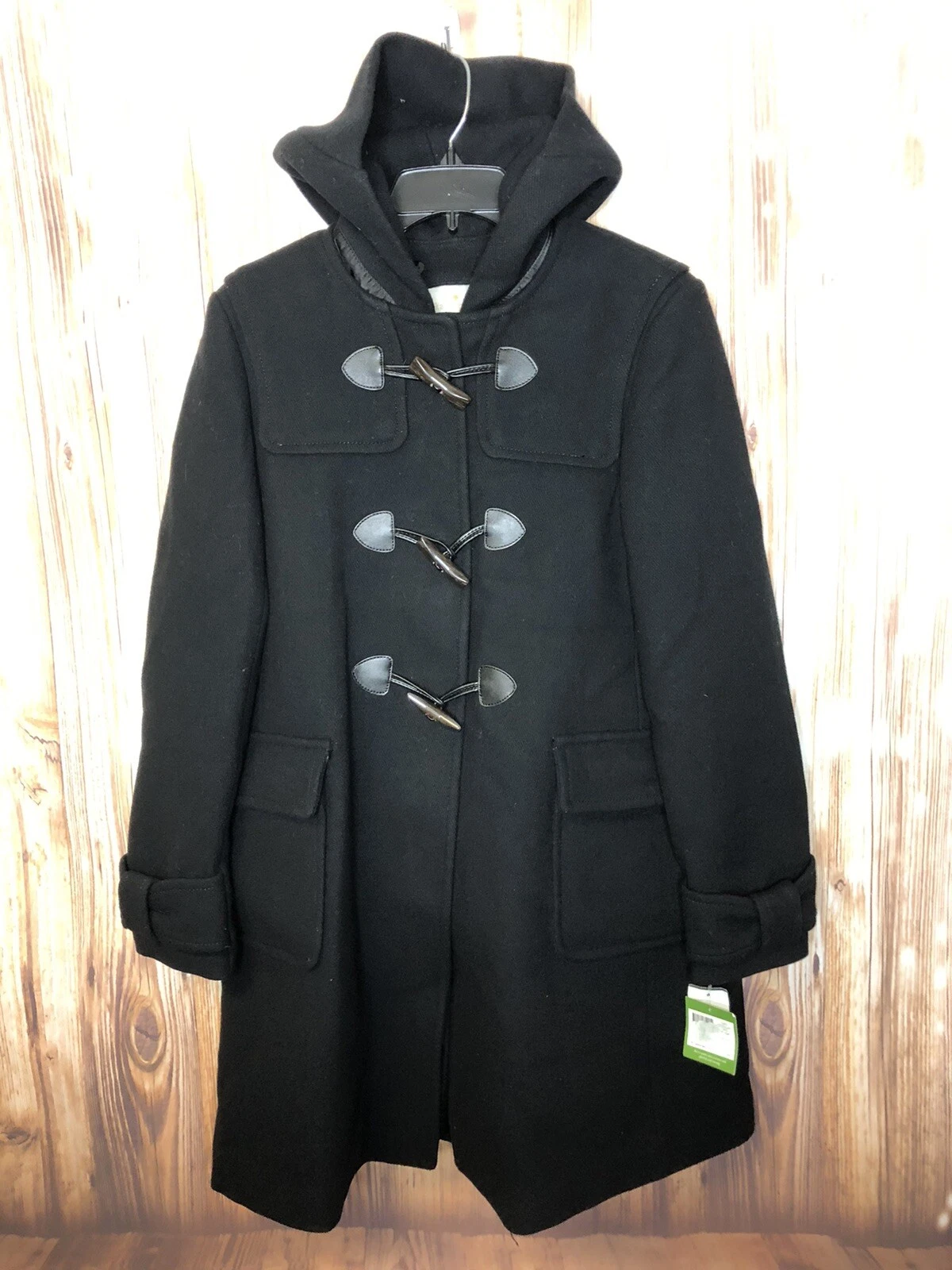 Cappotto nuovo con etichette Kate Spade K26721 lana con cappuccio rimovibile taglia L nero $458