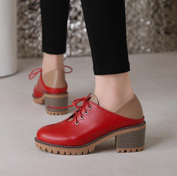 Women's Retro Sweet Splicing 6cm Chunky Heel Shoes Round Toe