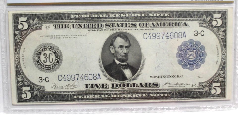 1914 $5 Federal Reserve Note PCGS XF45 White/Mellon Philadelphia FR855A NICE! - Image 3 of 4