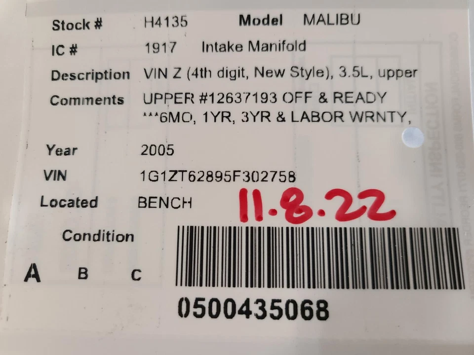 Used Upper Engine Intake Manifold fits: 2005 Chevrolet Malibu 3.5L upper Upper G Foto 4 de 4