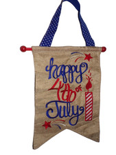 America Patriotic Burlap banner 14x16" 4th of July wood shaft embroidery VS1