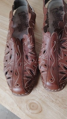 Rieker Women s Wedge Sandals Hook & Loop Floral Cut-Out Brown Leather US 6