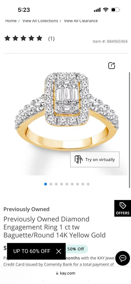 Beautiful 1 ct Diamond Engagement Ring – 14K Yellow Gold (Kay Jewelers) - Image 2 of 2