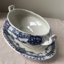 Antikes Saucen- oder So&szlig;enterrine-Set blau & wei&szlig; Transfergeschirr HESTON UM 1900