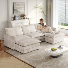 Oversized Corduroy Cloud Couch: U-Shaped Deep Seat Sofa, Footrests