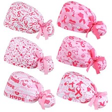 6 PCS Pink Ribbon Scrub Caps Nurse Hat With Button Women Surgical Work Hair