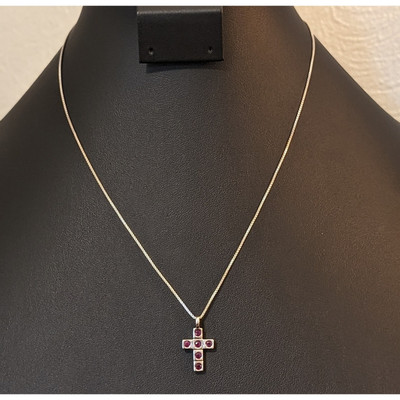 ELLE Signed Tested Ruby Cross Sterling Silver Pendant on 925 Box Chain Necklace