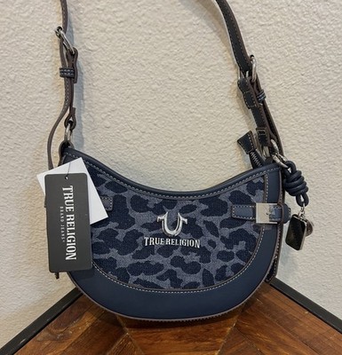 True Religion Blue Animal Print Crescent Shoulder Bag with Charm and Zip Closure