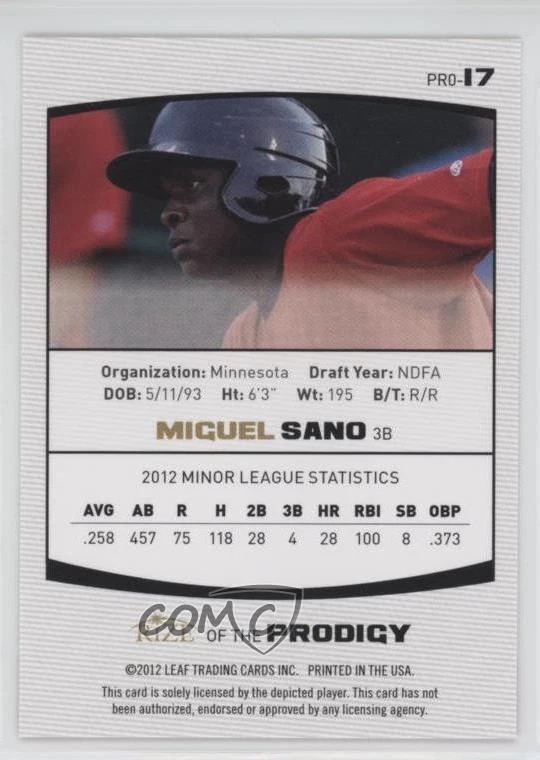 2012 Leaf Rize Draft of the Prodigy Gold /100 Miguel Sano #PRO-17 - Image 2 of 2