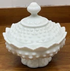 Vintage Fenton White Hobnail Milk Glass Pedestal Candy Dish and Lid 6.5" Tall