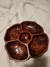 Hand Carved Wooden Snack Bowl Floral Design Folk Art Unique Lotus Shapef