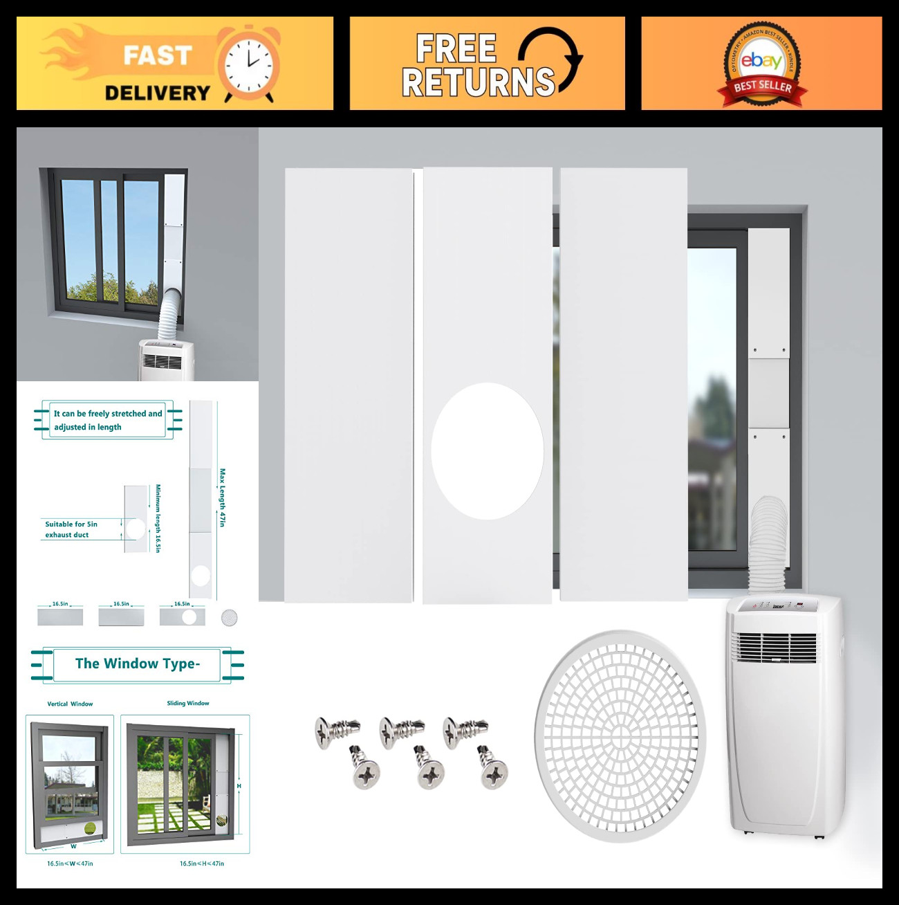 Portable Air Conditioner Window Kit - Adjustable Seal Panels for 5" Hose, Vent K