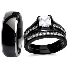 Couple Wedding Engagement Ring Set Black Stainless Steel AAA CZ Titanium