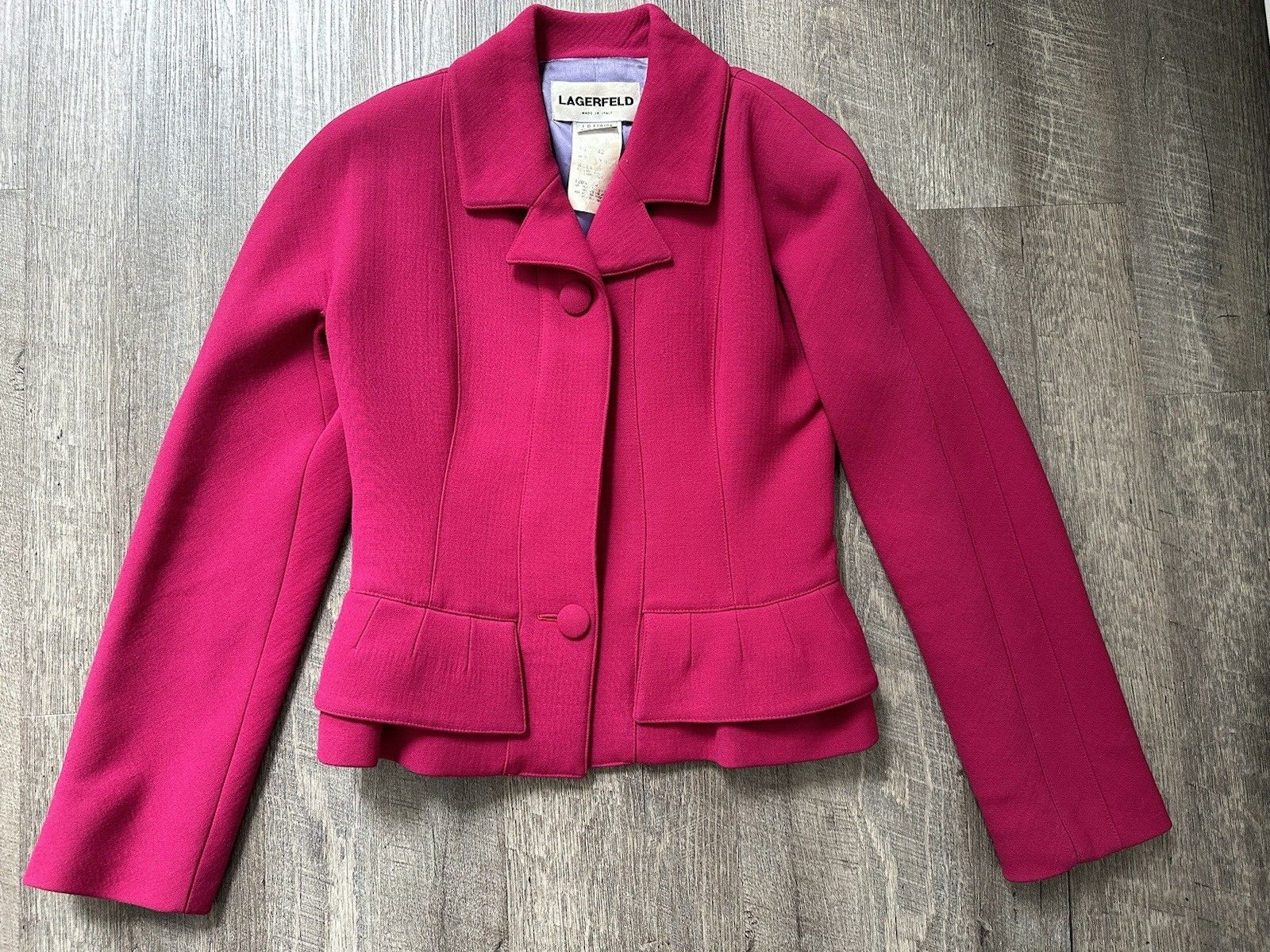 Vintage Authentic 1996 Karl Lagerfeld Wool Pink Peplum Suit Jacket Skirt US 8 image 4