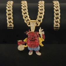 Iced Kool Aid Gun Man Pendant & 18" 20" Iced Cubic Zirconia Cuban Chain Necklace