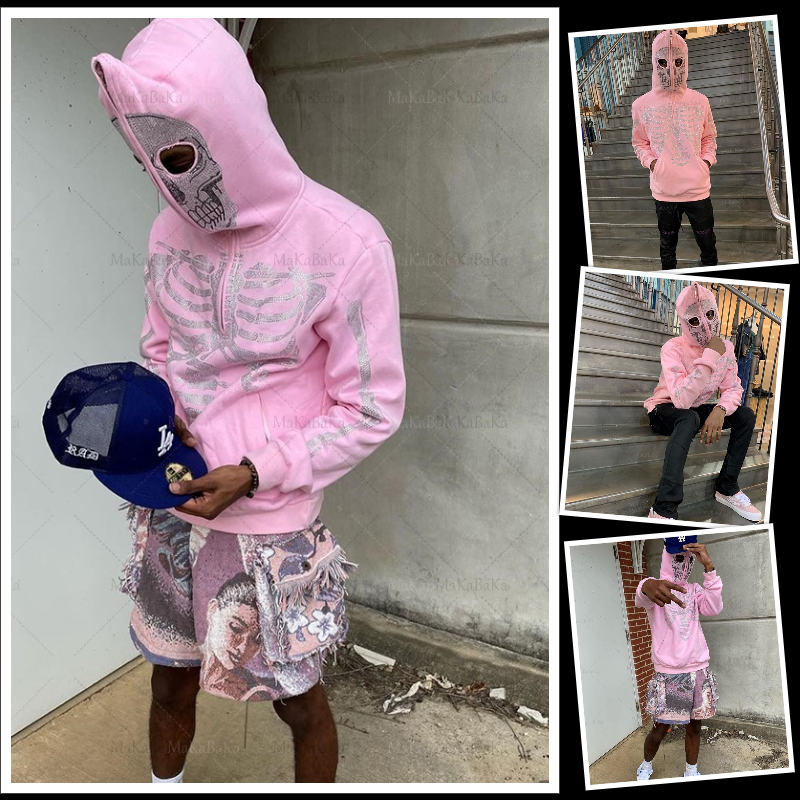 Rhinestone Skeleton Fashion Gothic Men Women Pink Hoodie Rhinestone Skeleton Fashion Gothic Men Women Pink Hoodie