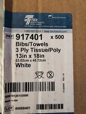 TIDI Towels/Bibs, 3 Ply Tissue + Poly, 13" X 18", White, 500 Per Case 917401